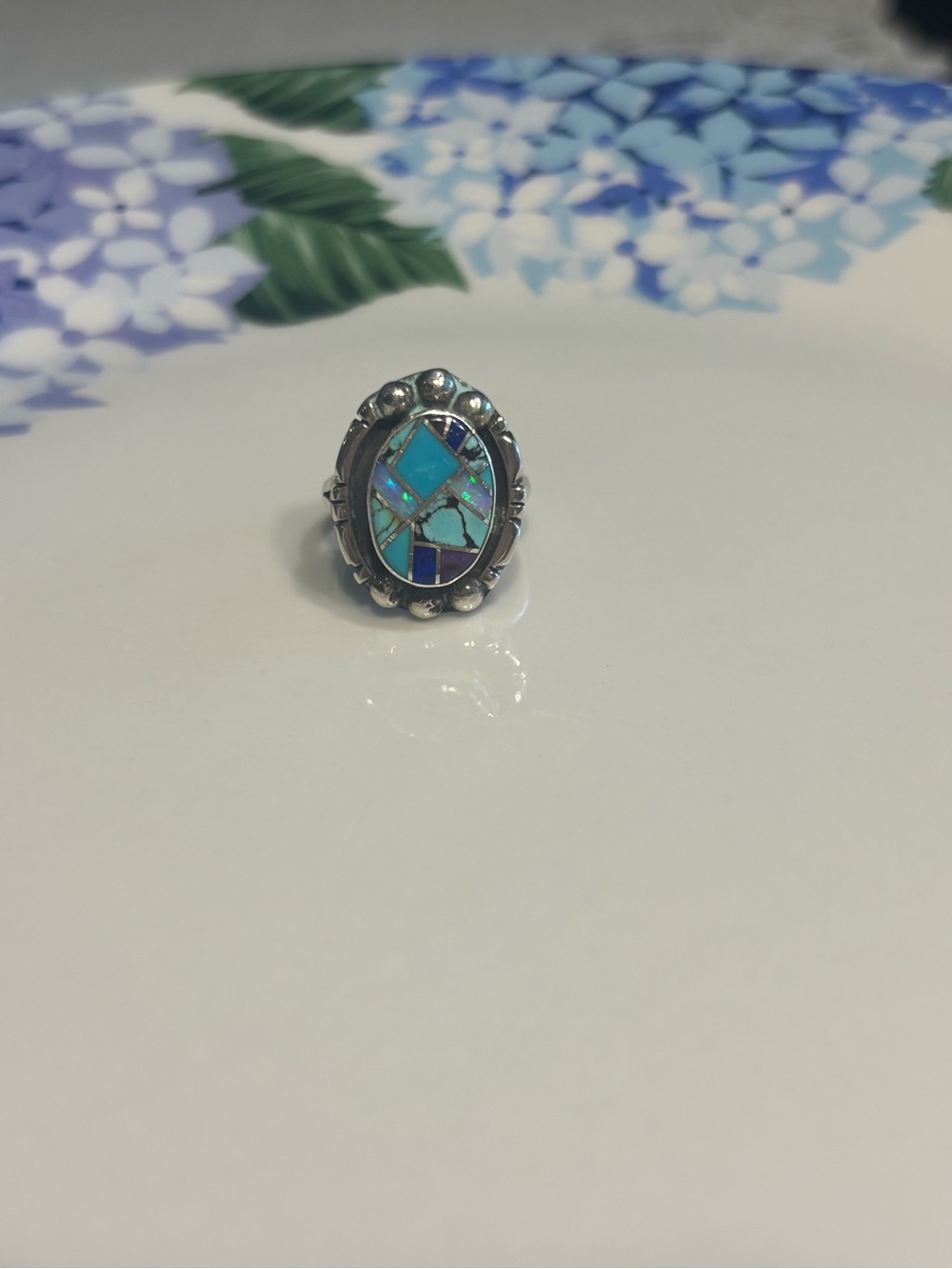 Begay Navajo Sterling Silver Turquoise Mosaic Oval Ring - Blue/GREEN size 7 - Picture 3 of 6